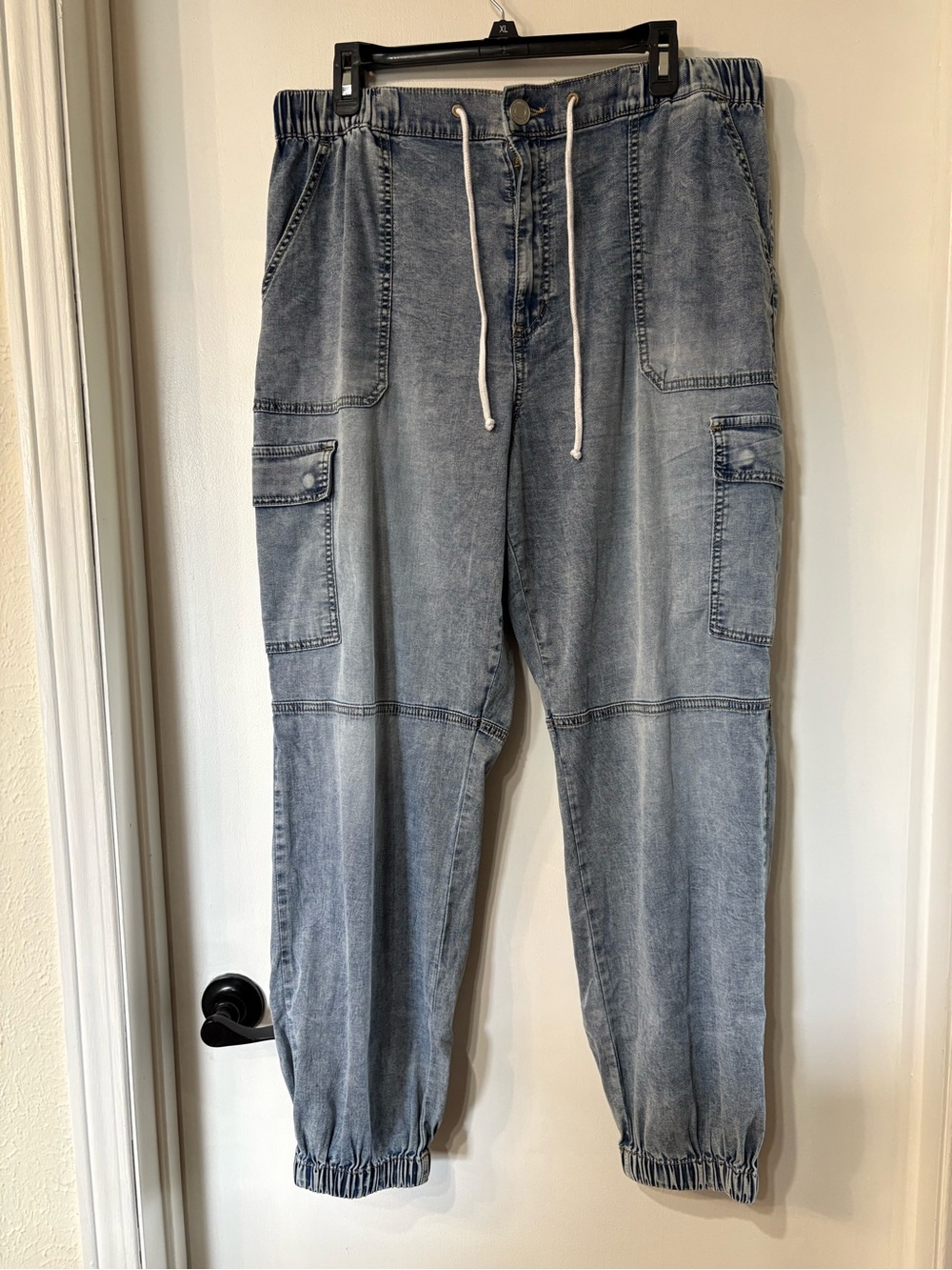 Womens Light Blue Washed Denim Cargo Jogger Jeans